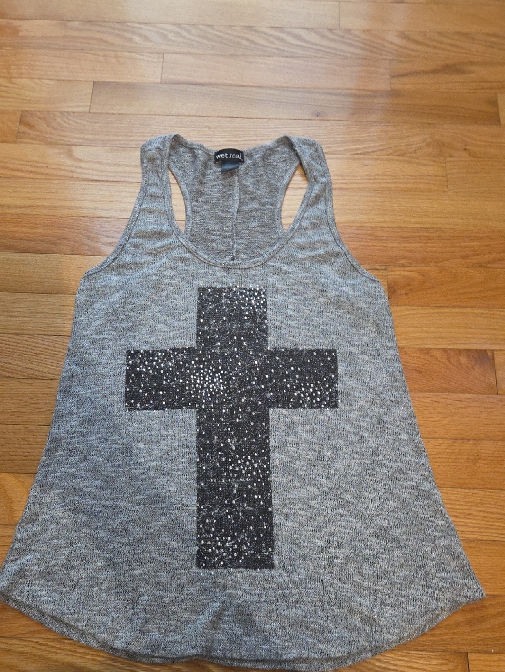 Wet Seal Gray Racerback Tank with Rhinestone Cross